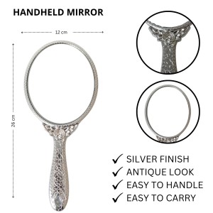 Hitech Sales Oval Silver-Plated Plastic Hand Mirror with One Wooden Hair Comb Free - Portable Mirror for Makeup, Travel, and Daily Use (Medium Size, Pack of 1) Hitech Sales Oval Silver-Plated Plastic Hand Mirror with One Wooden Hair Comb Free - Portable Mirror for Makeup, Travel, and Daily Use (Medium Size, Pack of 1)