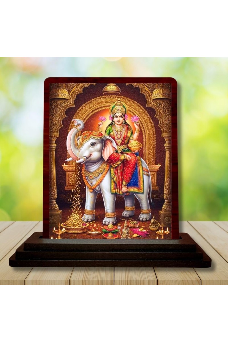 Car Desk/Table Top Goddess Mahalakshmi Wooden Photo Stand 3x4 Inches, Compact & Stylish Spiritual Display For Car, Home & Office (Pack Of 1) (F14579)