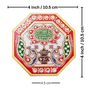 HiTechMart Handcrafted Octagon Marble Puja Chowki, Makrana Marble Pooja Platform with Kundan & Enamel Work, Decorative Pooja Chowki for Mandir, Home Temple, Festival, Gift Use – 4 Inch (2, Octagon)