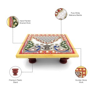 HiTechMart Handcrafted Marble Puja Chowki with Kundan Work, Makrana Marble Pooja Platform with Enamel Painting & Plastic Legs, Decorative Chowki for Mandir, Rituals, Home Décor - 4x4 inch (1, Square) HiTechMart Handcrafted Marble Puja Chowki with Kundan Work, Makrana Marble Pooja Platform with Enamel Painting & Plastic Legs, Decorative Chowki for Mandir, Rituals, Home Décor - 4x4 inch (1, Square)