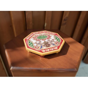 HiTechMart Handcrafted Octagon Marble Puja Chowki, Makrana Marble Pooja Platform with Kundan & Enamel Work, Decorative Pooja Chowki for Mandir, Home Temple, Festival, Gift Use – 4 Inch (1, Octagon)