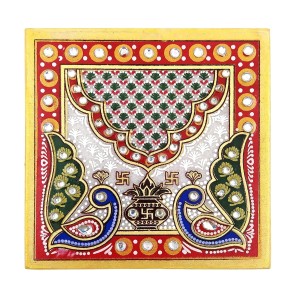 HiTechMart Handcrafted Marble Puja Chowki with Kundan Work, Makrana Marble Pooja Platform with Enamel Painting & Plastic Legs, Decorative Chowki for Mandir, Rituals, Home Décor - 4x4 inch (1, Square) HiTechMart Handcrafted Marble Puja Chowki with Kundan Work, Makrana Marble Pooja Platform with Enamel Painting & Plastic Legs, Decorative Chowki for Mandir, Rituals, Home Décor - 4x4 inch (1, Square)