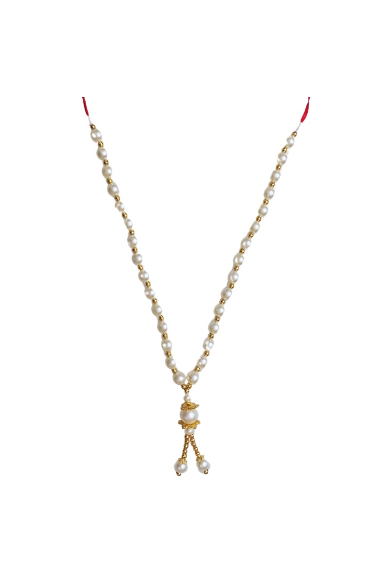 Hitech Sales Artificial Pearl Garland Mala Necklace | Decorative Pearl Chain for Pooja, Mandir, and Festive Decorations | White and Gold Beads Mala with Hanging Pendant (Small, 6, Piece)