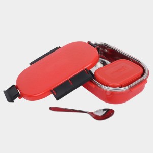 Steel Lunch Box, 2 Containers and 1 Spoon, Plastic and Steel, Big Container: 3 X 7 X 19 cm; Small Container: 3 X 5 X 10 cm, Spoon: 13 cm, 2 Containers, 1Spoon