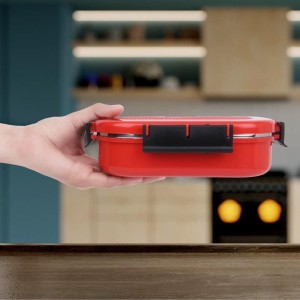Steel Lunch Box, 2 Containers and 1 Spoon, Plastic and Steel, Big Container: 3 X 7 X 19 cm; Small Container: 3 X 5 X 10 cm, Spoon: 13 cm, 2 Containers, 1Spoon