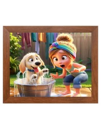 AI Funny Girl with Dog Art Picture for Kids - 16x20 inches, Brown Color - Perfect Wall Decor for Children's Room