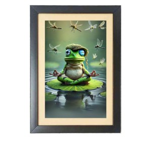 The funny frog is meditating Black Photo Frame Funny Animal and Bird Cartoon Art