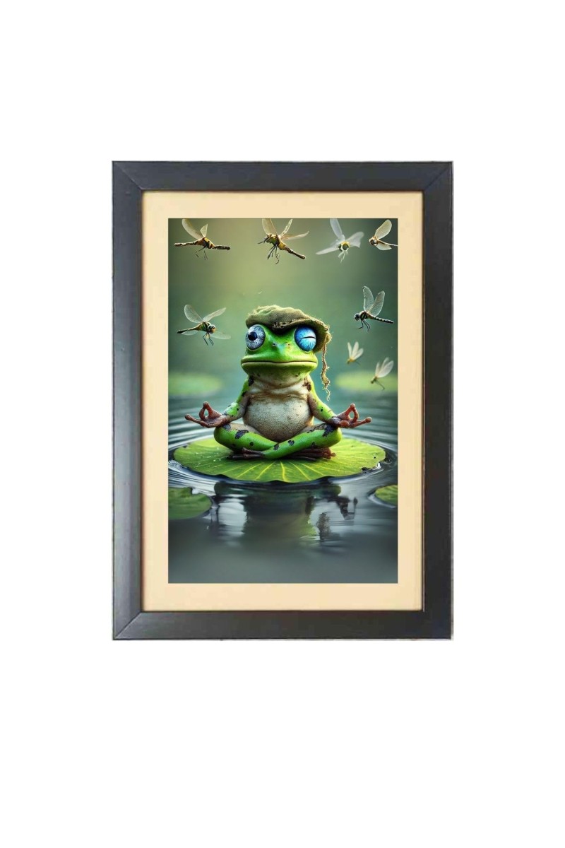The funny frog is meditating Black Photo Frame Funny Animal and Bird Cartoon Art