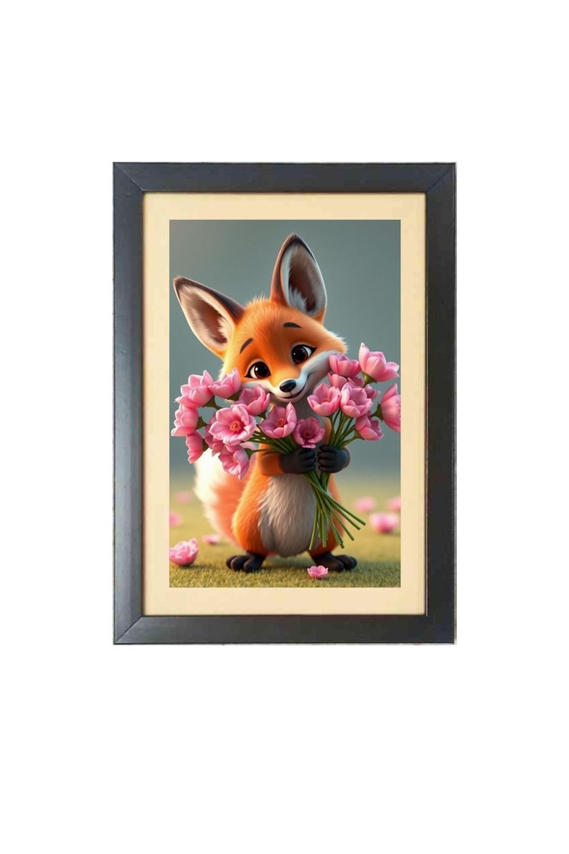 Sweet Fox Holding A Lovely Flowers Photo Frame Funny Animal and Bird Cartoon Art, Black color, 11x15 Inch