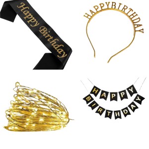 Party Decoration Combo – Hairband, Tuni LED Bulb, Birthday Sash & Foil Curtain – Perfect Birthday Celebration Set for Girls & Women (GOLDEN)