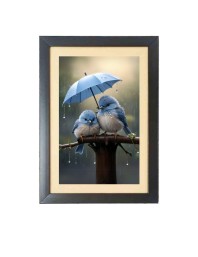 Love birds under umbrella Photo Frame Funny Animal and Bird Cartoon Art, Black color, 13x17 Inch