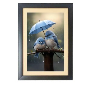 Love birds under umbrella Photo Frame Funny Animal and Bird Cartoon Art, Black color, 13x17 Inch