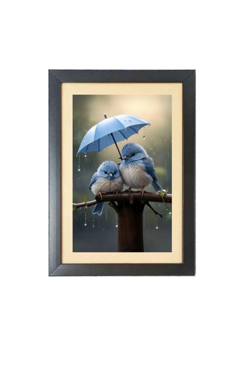Love birds under umbrella Photo Frame Funny Animal and Bird Cartoon Art, Black color, 13x17 Inch