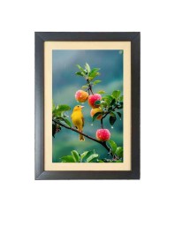 The cute bird is sitting on the apple tree Black Photo Frame Funny Animal and Bird Cartoon Art