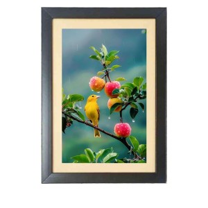 The cute bird is sitting on the apple tree Black Photo Frame Funny Animal and Bird Cartoon Art
