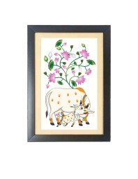 Sacred Pichwai Cow Vastu Painting Photo Frame Funny Animal and Bird Cartoon Art, Black color, 11x15 Inch