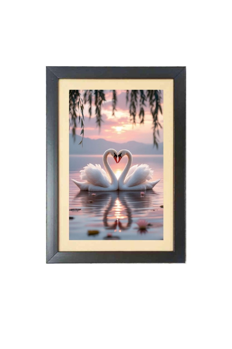 The beautiful swans are enjoying in nature Photo Frame Funny Animal and Bird Cartoon Art, Black color, 13x17 Inch
