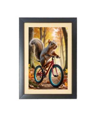 The squirrel is riding a bicycle Photo Frame Funny Animal and Bird Cartoon Art, Black color, 13x17 Inch