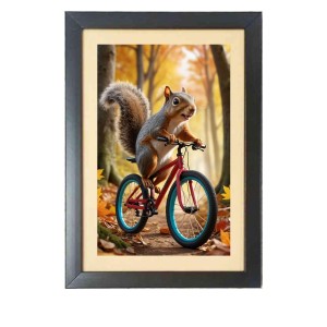 The squirrel is riding a bicycle Photo Frame Funny Animal and Bird Cartoon Art, Black color, 13x17 Inch
