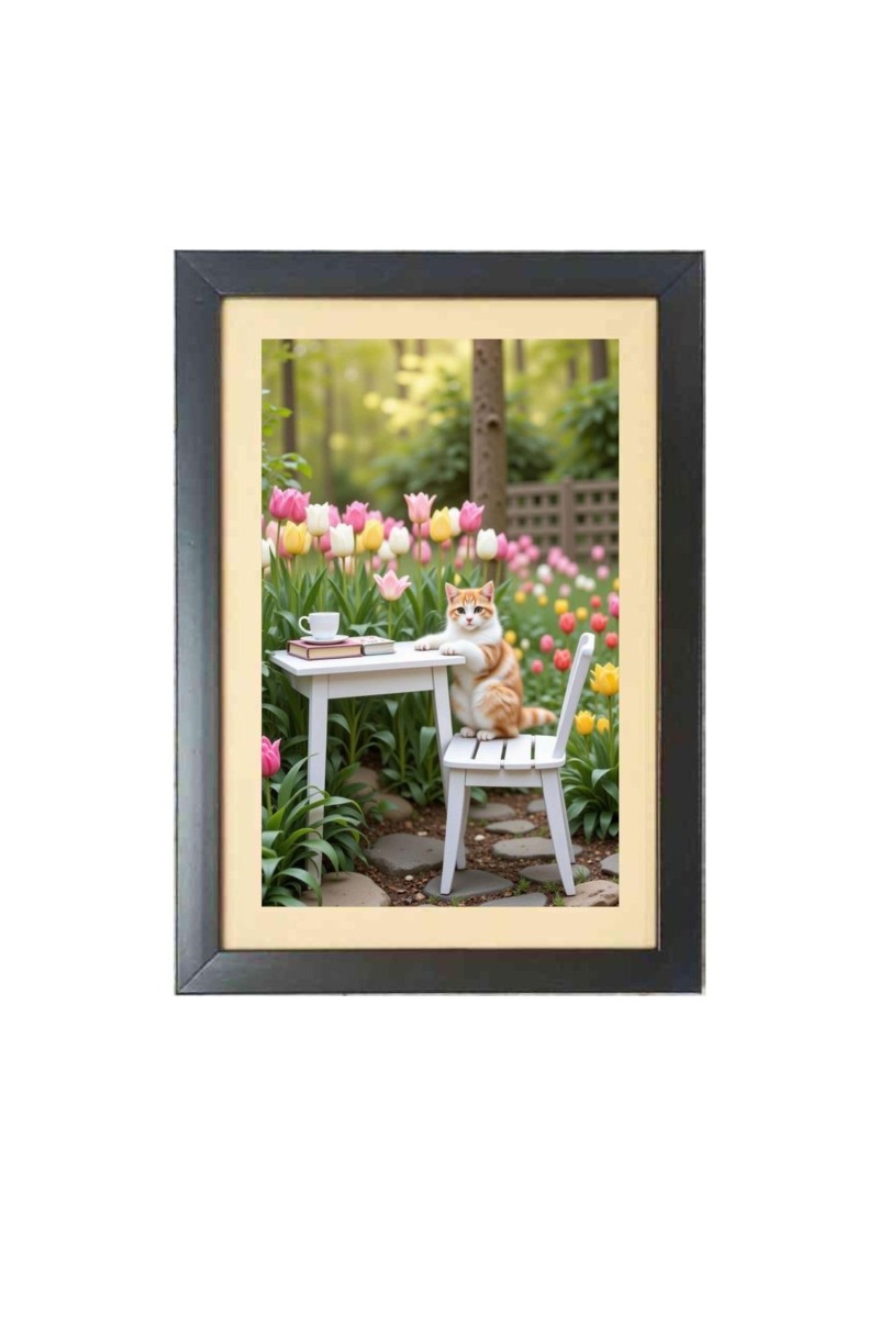 The funny cat is sitting on the chair Photo Frame Funny Animal and Bird Cartoon Art, Black color, 15x19 Inch