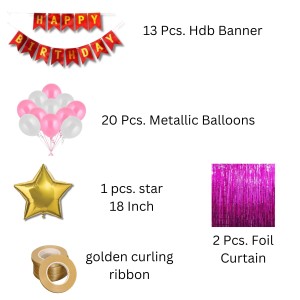 Happy Birthday Decoration Combo Set - 20 Pcs. Metallic Balloons, 1 Star Foil Balloons, 13 Pcs. Birthday Banner, 2 Pcs. Foil Curtain Party Backdrop Kit for Celebrations and Events (Pink) Happy Birthday Decoration Combo Set - 20 Pcs. Metallic Balloons, 1 Star Foil Balloons, 13 Pcs. Birthday Banner, 2 Pcs. Foil Curtain Party Backdrop Kit for Celebrations and Events (Pink)