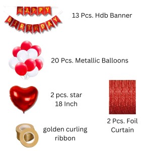 Happy Birthday Decoration Combo Set - 20 Pcs. Metallic Balloons, 2 love Foil Balloons, 13 Pcs. Birthday Banner, 2 Pcs. Foil Curtain Party Backdrop Kit for Celebrations and Events (Red) Happy Birthday Decoration Combo Set - 20 Pcs. Metallic Balloons, 2 love Foil Balloons, 13 Pcs. Birthday Banner, 2 Pcs. Foil Curtain Party Backdrop Kit for Celebrations and Events (Red)