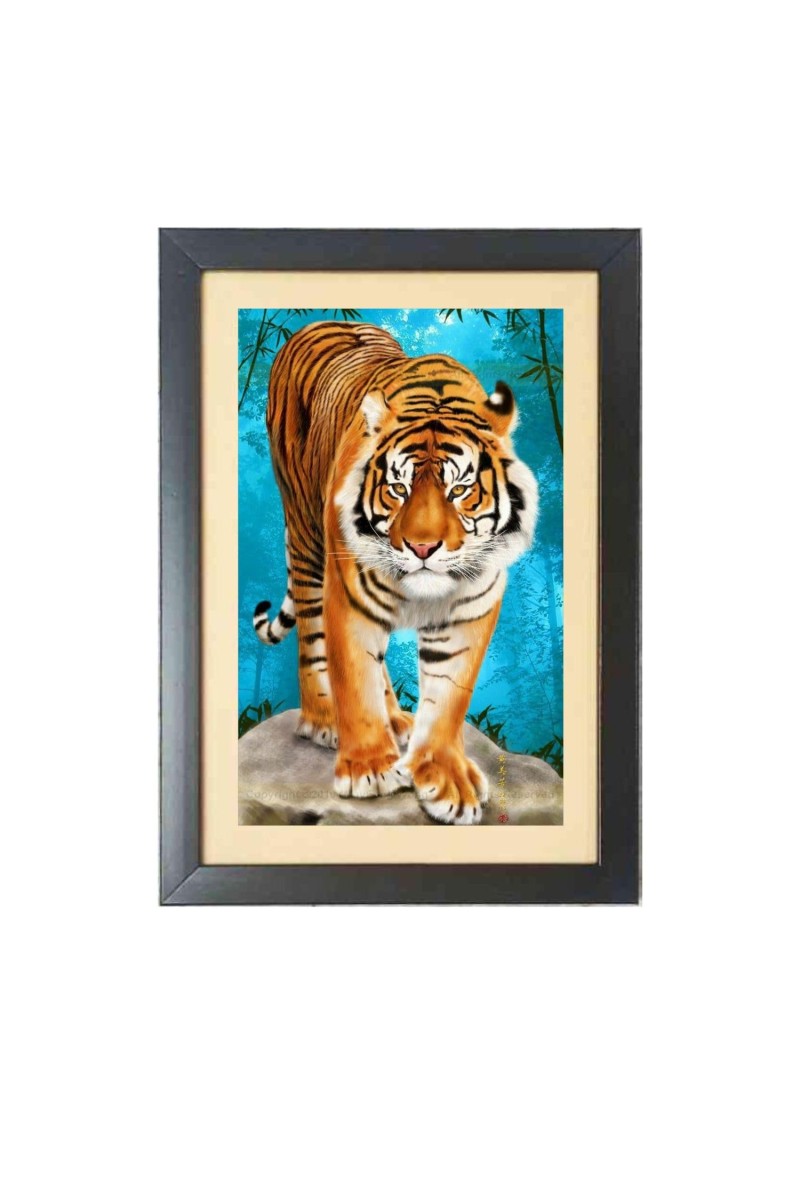 The wild tiger Photo Frame Funny Animal and Bird Cartoon Art, Black color, 17x21 Inch