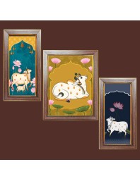 3-Pack Gomatha cow painting Photo Frames - 2 Pieces 12x19 Inch & 1 Piece 16x19 Inch - Rustic Wall Art for Home & Office Decor - Botanical Wall Hanging for Living Room, Bedroom, or Workspace