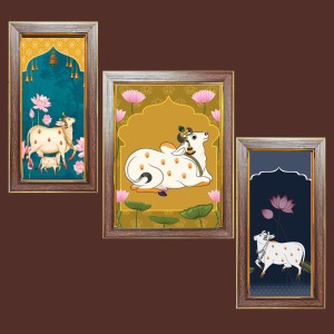 3-Pack Gomatha cow painting Photo Frames - 2 Pieces 12x19 Inch & 1 Piece 16x19 Inch - Rustic Wall Art for Home & Office Decor - Botanical Wall Hanging for Living Room, Bedroom, or Workspace