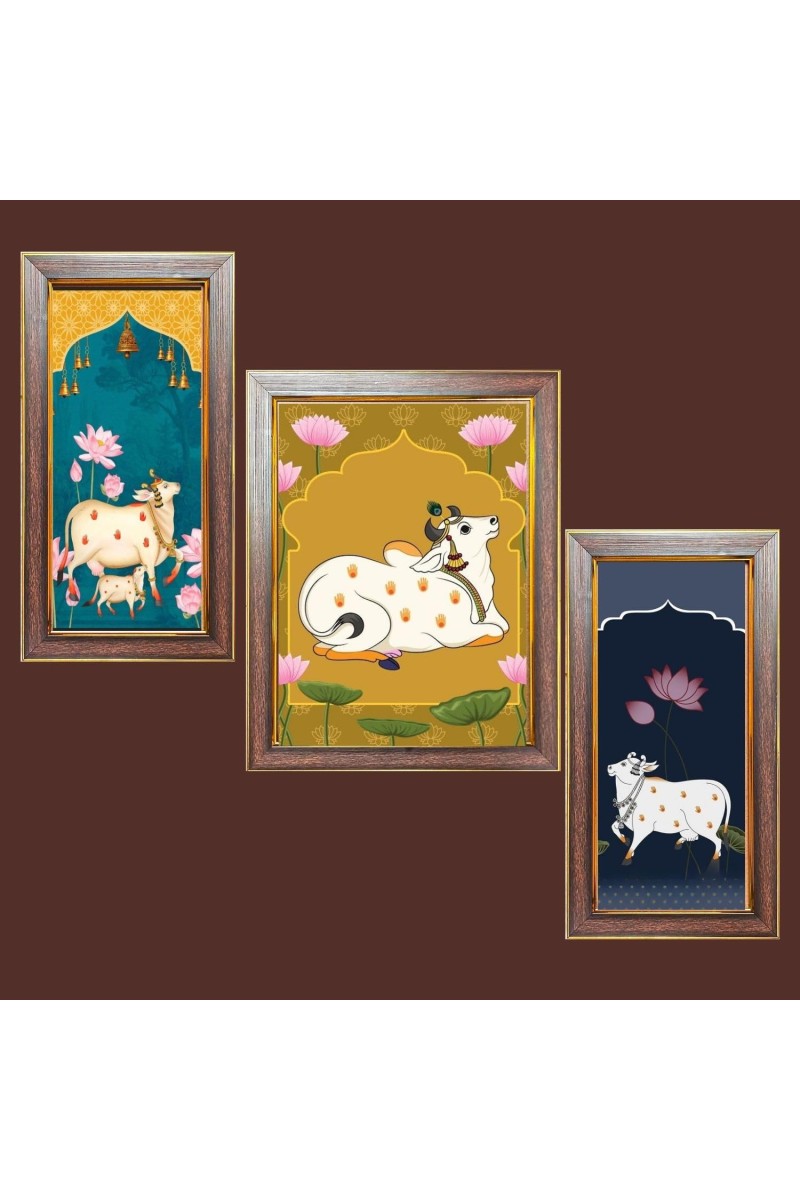 3-Pack Gomatha cow painting Photo Frames - 2 Pieces 12x19 Inch & 1 Piece 16x19 Inch - Rustic Wall Art for Home & Office Decor - Botanical Wall Hanging for Living Room, Bedroom, or Workspace