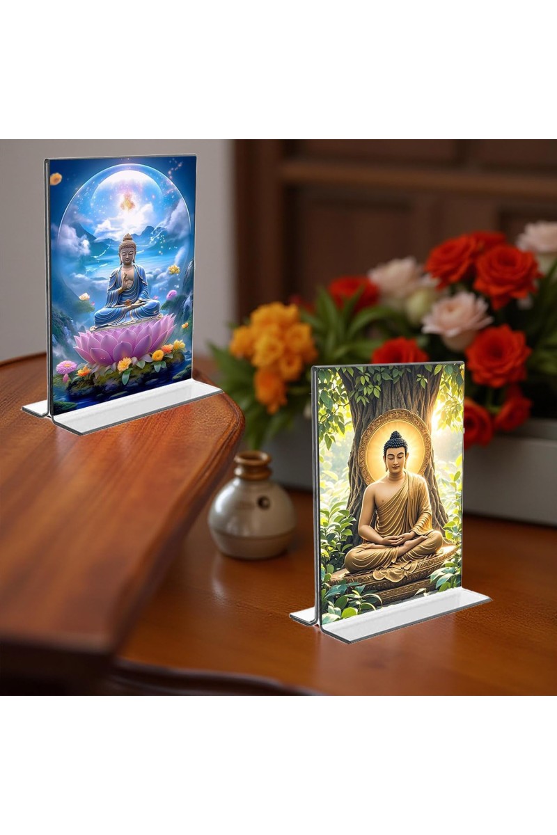 Buddha Acrylic T-Style Photo Stand, Compact and Stylish Spiritual Display, easily change 2 photos (Pack of 1)