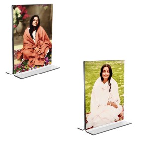 Car Desk/Table Top Anandamayee Maa Acrylic T-Style Photo Stand - 2.5x3.5 Inches, Compact and Stylish Spiritual Display, easily change 2 photos (Pack of 1)