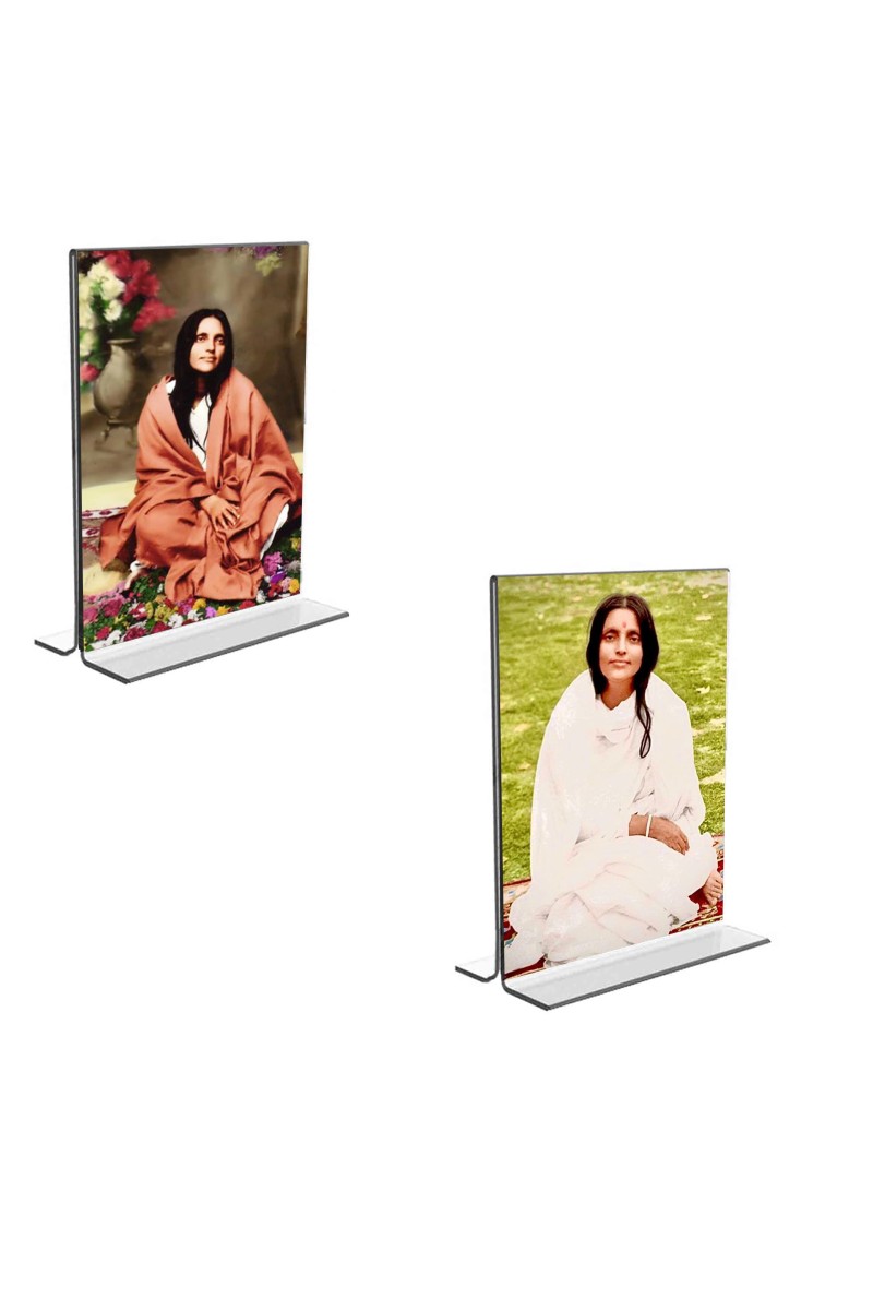 Car Desk/Table Top Anandamayee Maa Acrylic T-Style Photo Stand - 2.5x3.5 Inches, Compact and Stylish Spiritual Display, easily change 2 photos (Pack of 1)