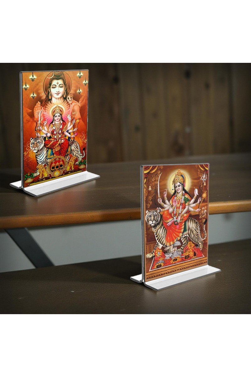 Lord Shiva & Lord Durga Acrylic T-Style Photo Stand - 9x11 Inches, Compact and Stylish Spiritual Display, easily change 2 photos (Pack of 1)