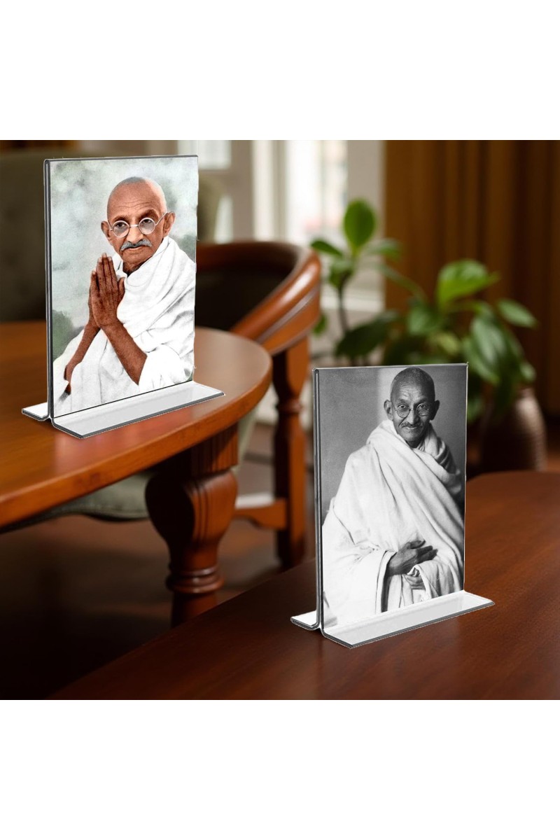 Mahatma Gandhi Acrylic T-Style Photo Stand - 7x9 Inches, Compact and Stylish Spiritual Display, easily change 2 photos (Pack of 1)
