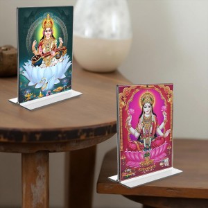 Car Desk/Table Top Maa Saraswati & Maa Lakshmi Acrylic T-Style Photo Stand - 2.5x3.5 Inches, Compact and Stylish Spiritual Display, easily change 2 photos (Pack of 1)