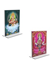 Car Desk/Table Top Maa Saraswati & Maa Lakshmi Acrylic T-Style Photo Stand - 2.5x3.5 Inches, Compact and Stylish Spiritual Display, easily change 2 photos (Pack of 1)