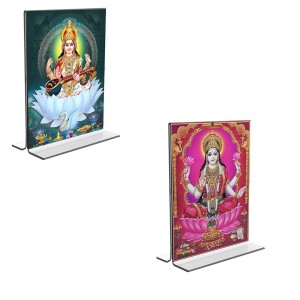Car Desk/Table Top Maa Saraswati & Maa Lakshmi Acrylic T-Style Photo Stand - 2.5x3.5 Inches, Compact and Stylish Spiritual Display, easily change 2 photos (Pack of 1)