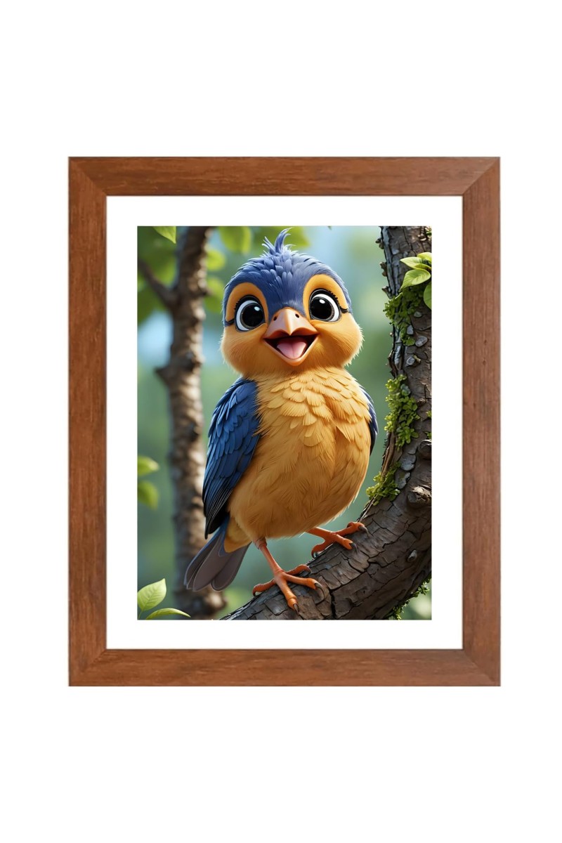 AI Funny Cute Bird On Tree Art Picture for Kids - 10x14 inches, Brown Color - Perfect Wall Decor for Children's Room