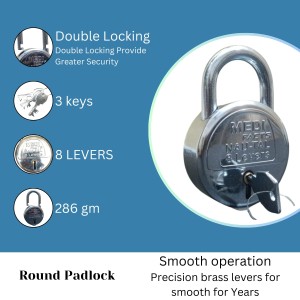 HiTechMart Heavy Duty 8-Lever Round Iron Padlock with 3 Keys, Rust-Resistant, Durable Security Lock for Home, Office, and Outdoor Use (Silver Finish) HiTechMart Heavy Duty 8-Lever Round Iron Padlock with 3 Keys, Rust-Resistant, Durable Security Lock for Home, Office, and Outdoor Use (Silver Finish)