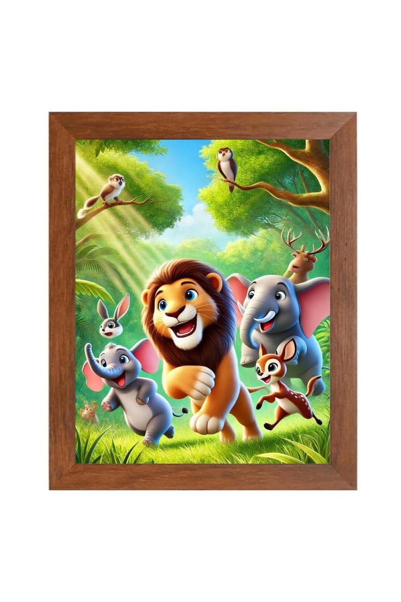 AI Funny Lion and elephant & birds Art Picture for Kids - 12x16 inches, Brown Color - Perfect Wall Decor for Children's Room