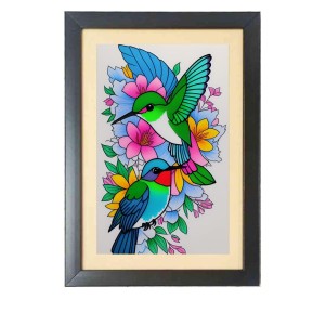 Humming birds painting Photo Frame Funny Animal and Bird Cartoon Art, Black color, 15x19 Inch
