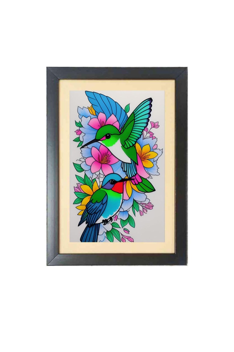 Humming birds painting Photo Frame Funny Animal and Bird Cartoon Art, Black color, 15x19 Inch