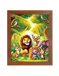 AI Funny Lion, Elephant, Birds Art Picture for Kids - 16x20 inches, Brown Color - Perfect Wall Decor for Children's Room