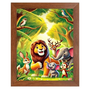 AI Funny Lion, Elephant, Birds Art Picture for Kids - 16x20 inches, Brown Color - Perfect Wall Decor for Children's Room