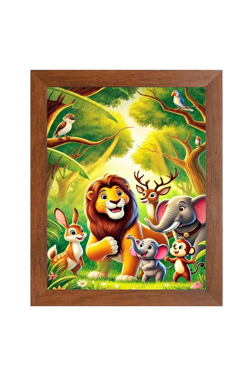 AI Funny Lion, Elephant, Birds Art Picture for Kids - 16x20 inches, Brown Color - Perfect Wall Decor for Children's Room