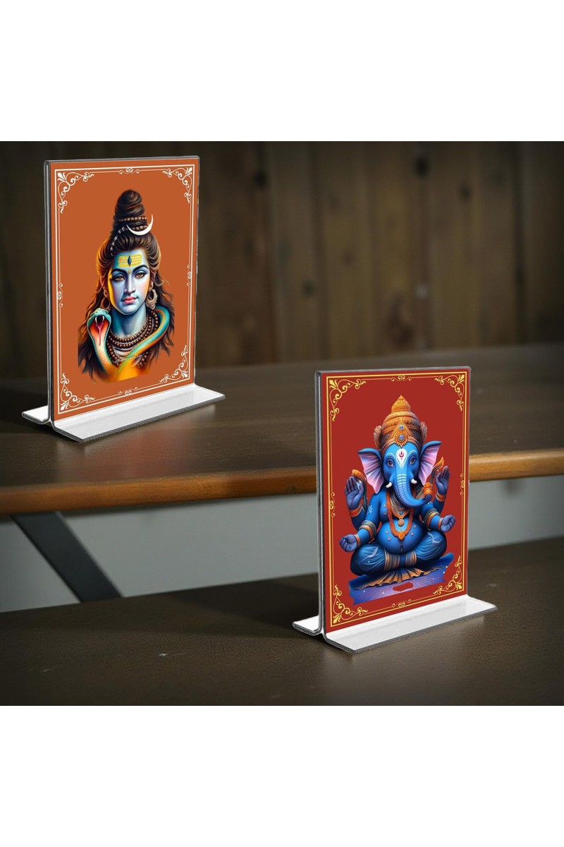 Lord Shiva & Lord Ganesh Acrylic T-Style Photo Stand - 5x7 Inches, Compact and Stylish Spiritual Display, easily change 2 photos (Pack of 1)