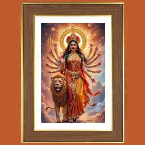 Durga Maa Photo Frame - 10x14 Inches, Brown Wooden Frame for Home, Office & Temple decoration