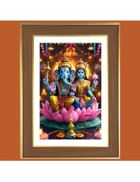 Lord Ganesha Lakshmi Photo Frame - 14x18 Inches, Brown Wooden Frame for Home, Office & Temple decoration