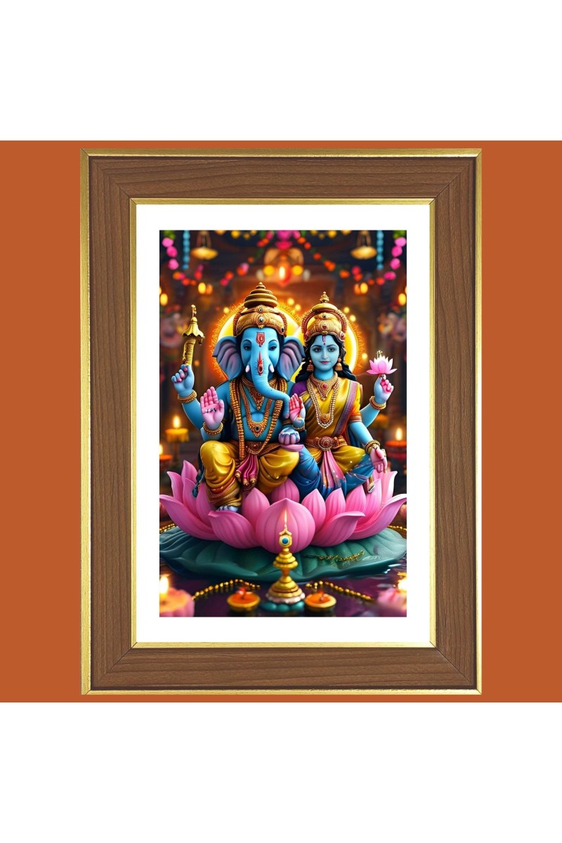 Lord Ganesha Lakshmi Photo Frame - 14x18 Inches, Brown Wooden Frame for Home, Office & Temple decoration